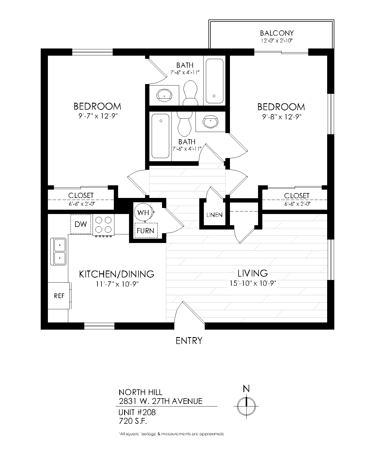 Floor plan for 2 beds, 2 baths, 765 sqft